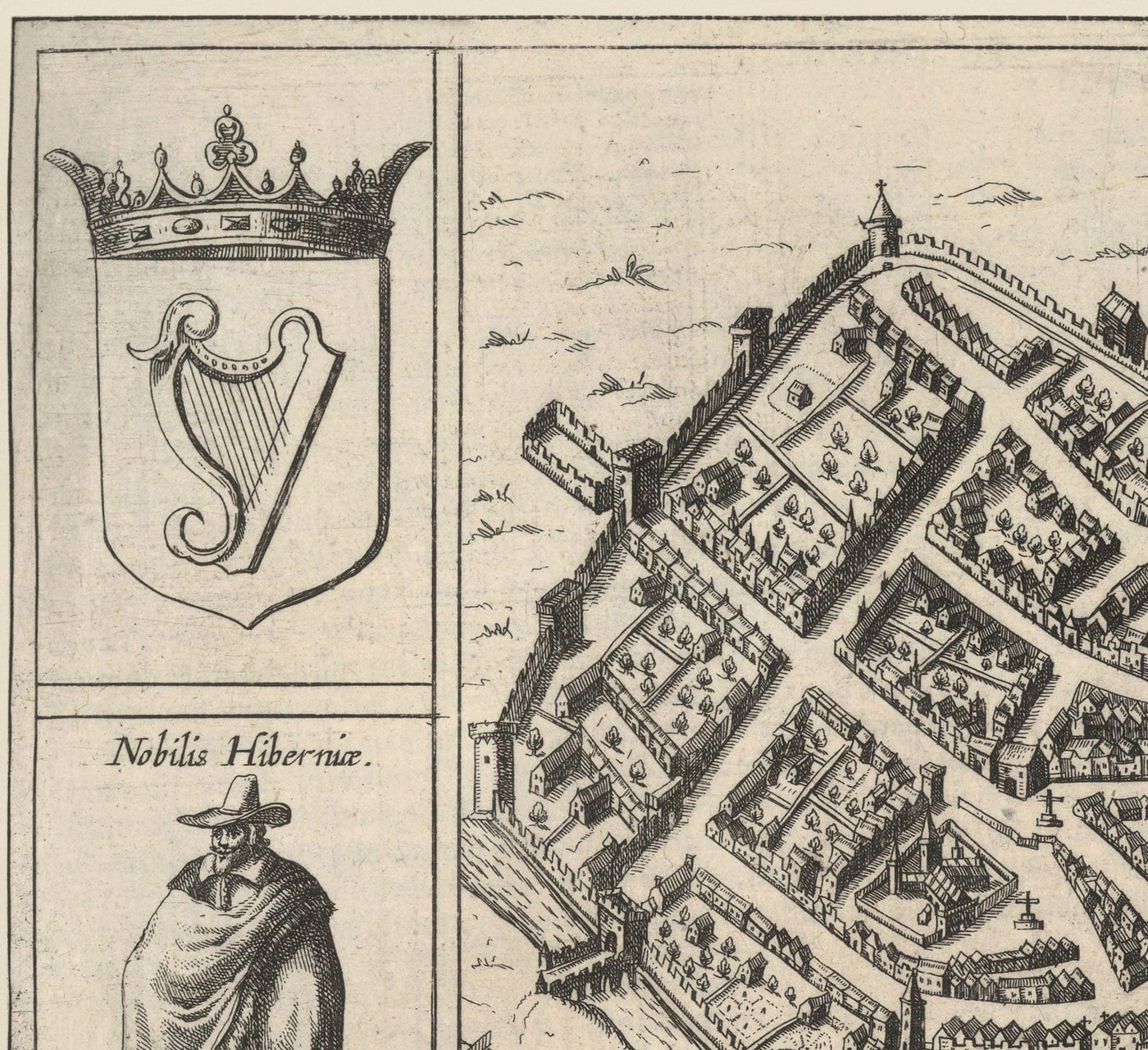 Alte Karte von Dublin, Limerick, Kork und Galway im Jahre 1618 von Georg Braun - Ancient Eire City Charts