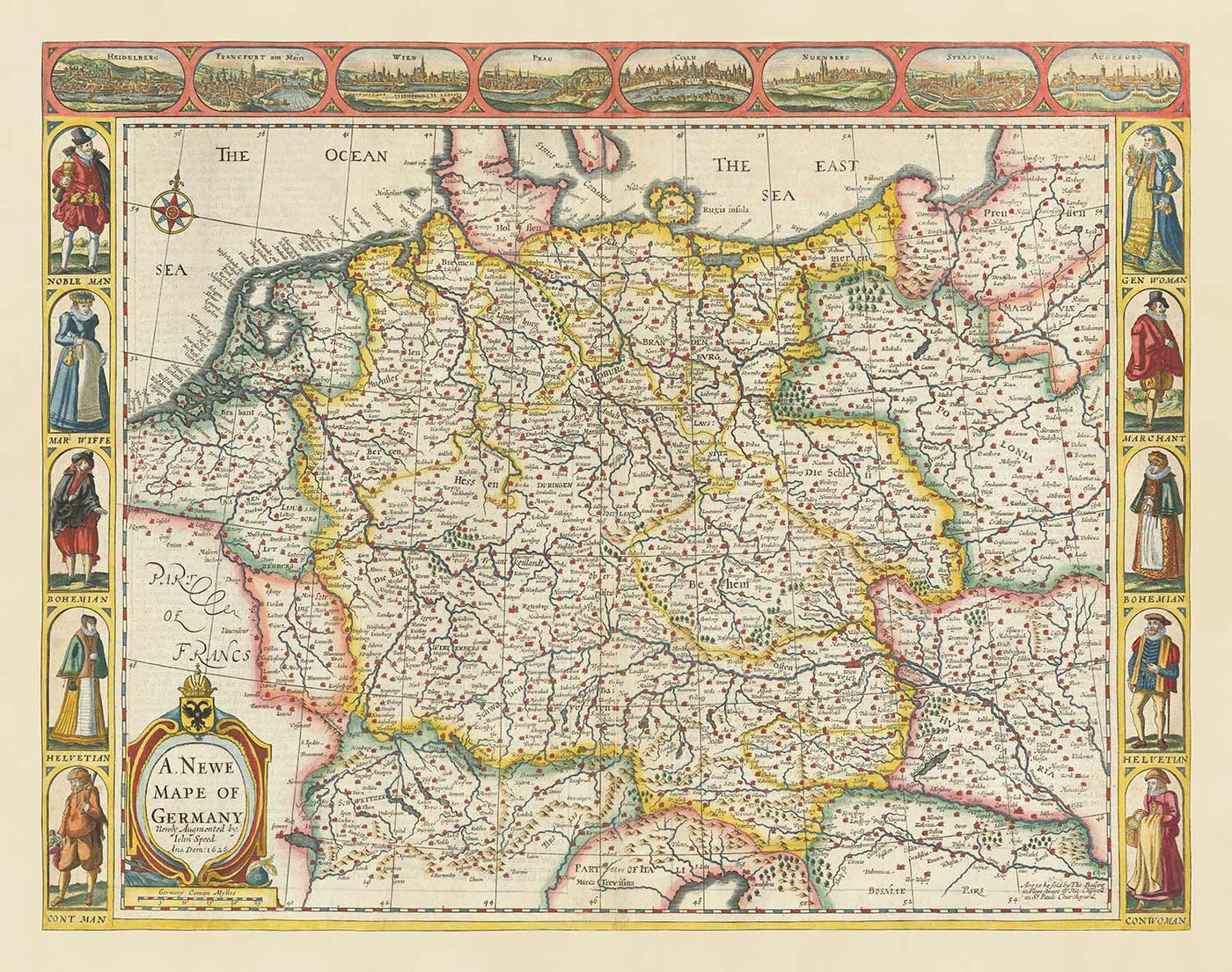 Mapa antiguo de Alemania por John Speed, 1627 - Imperio Holy Romano, Imperio Alemán - Austria, Chequia, Polonia, Suiza