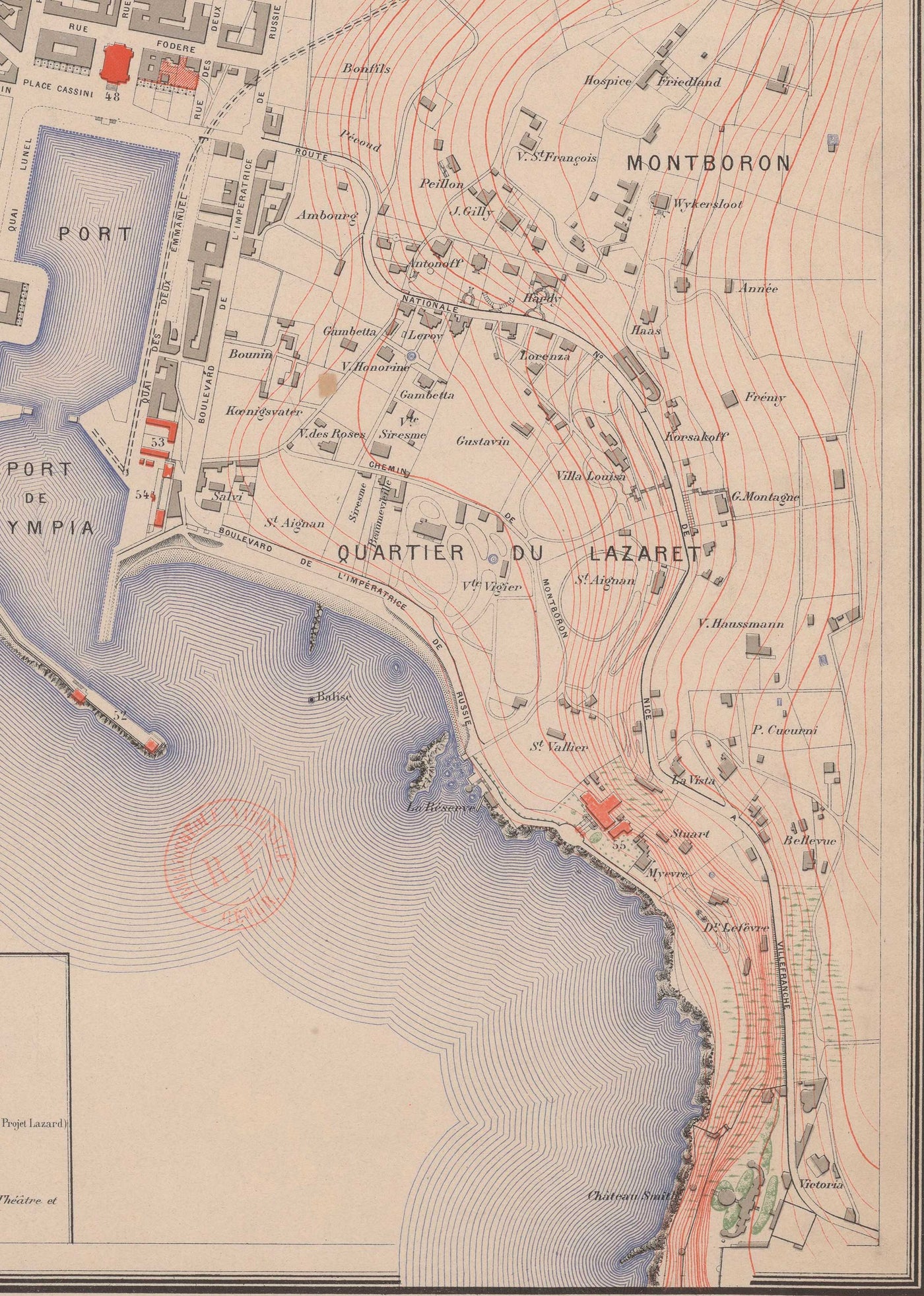Mapa antiguo de Niza, Francia en 1882 por Francois Aune - Costa Azul, Promenade Des Anglais, Dubouchage, Mediterráneo