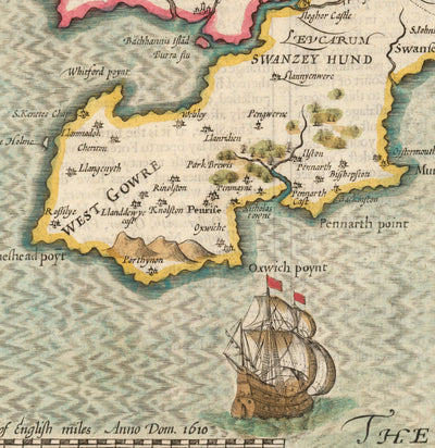 Ancienne carte de Glamorgan Galles, 1611 par John Speed ​​- Cardiff, Swansea, Bridgend, Port Talbot, Barry