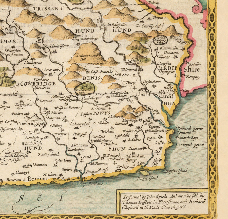 Ancienne carte de Glamorgan Galles, 1611 par John Speed ​​- Cardiff, Swansea, Bridgend, Port Talbot, Barry