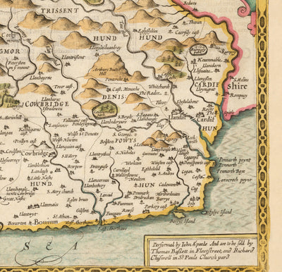 Mapa antiguo de Glamorgan Gales, 1611 de John Speed ​​- Cardiff, Swansea, Bridgend, Port Talbot, Barry