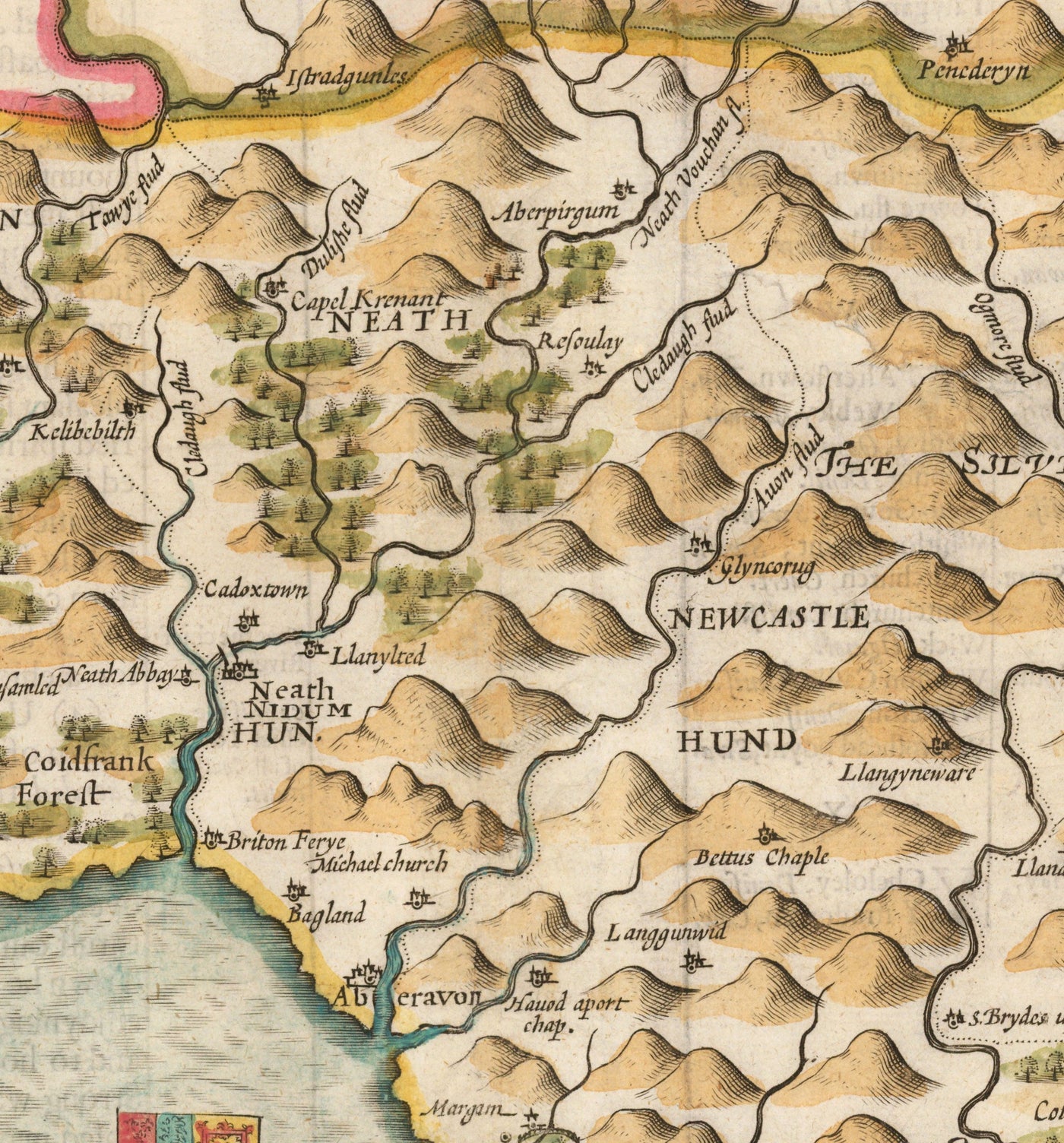 Mapa antiguo de Glamorgan Gales, 1611 de John Speed ​​- Cardiff, Swansea, Bridgend, Port Talbot, Barry