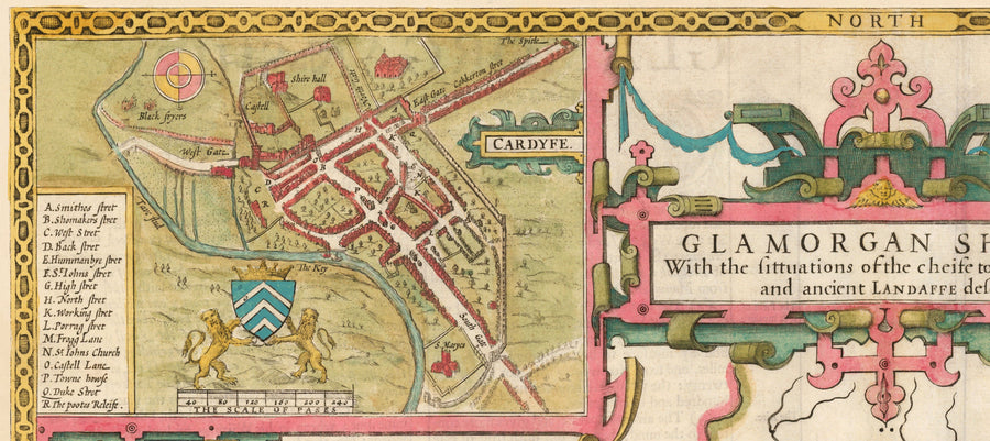 Ancienne carte de Glamorgan Galles, 1611 par John Speed ​​- Cardiff, Swansea, Bridgend, Port Talbot, Barry