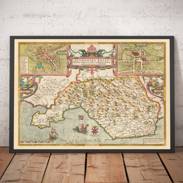 Mapa antiguo de Glamorgan Gales, 1611 de John Speed ​​- Cardiff, Swansea, Bridgend, Port Talbot, Barry