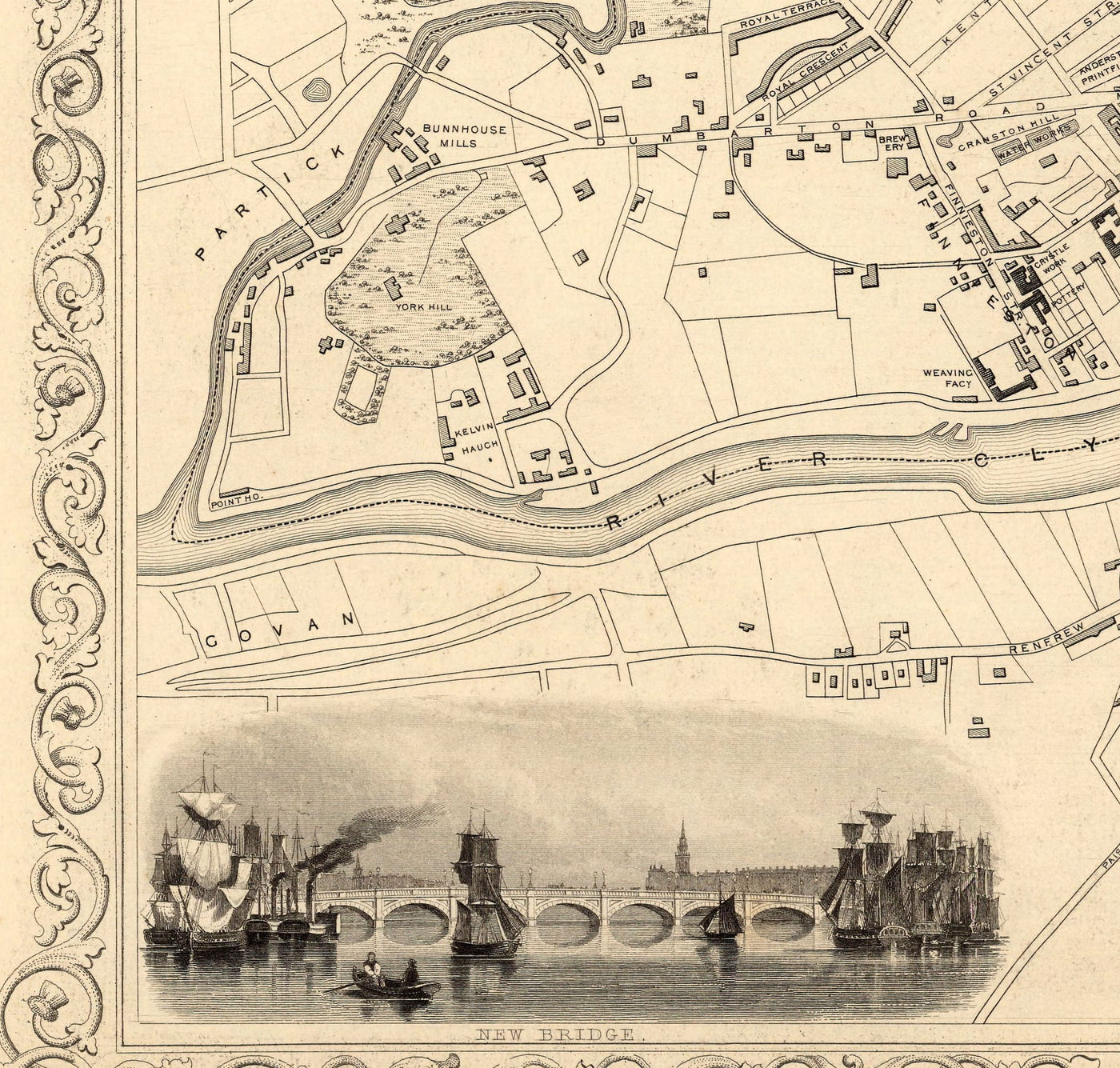 Alte Karte von Glasgow, 1851 von Tallis & Rapkin - River Clyde, Argyle St, Zentral, Universität