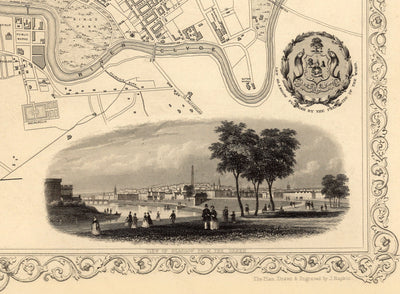 Ancienne carte de Glasgow, 1851 par Tallis & Rapkin - River Clyde, Argyle St, Central, Université