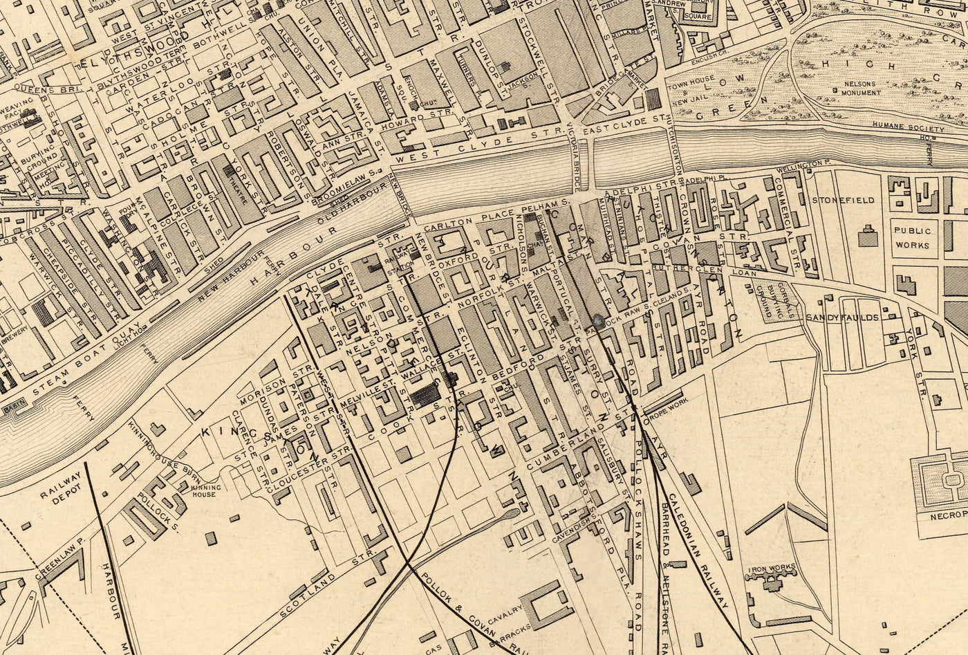 Ancienne carte de Glasgow, 1851 par Tallis & Rapkin - River Clyde, Argyle St, Central, Université