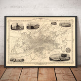 Mapa antiguo de Glasgow, 1851 por Tallis & Rapkin - River Clyde, Argyle St, Central, University