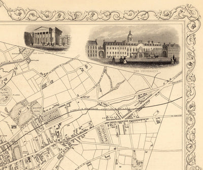 Mapa antiguo de Glasgow, 1851 por Tallis & Rapkin - River Clyde, Argyle St, Central, University