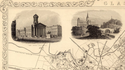 Alte Karte von Glasgow, 1851 von Tallis & Rapkin - River Clyde, Argyle St, Zentral, Universität