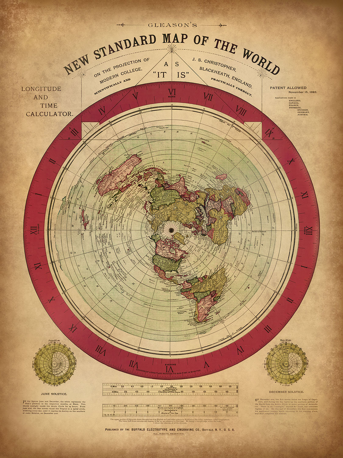 Ancienne carte du monde de la Terre plate, 1892, par Alexander Gleason - Projection polaire azimutale brevetée rare