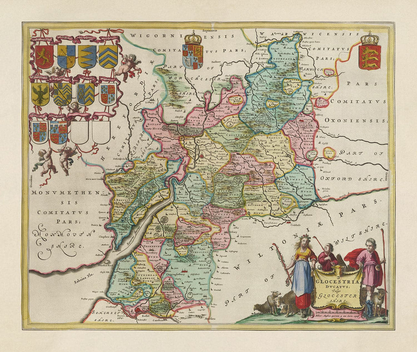 Ancienne carte du Gloucestershire en 1665 par Joan Blaeu - Bristol, Cheltenham, Gloucester, Kingswood, Filton, Stroud