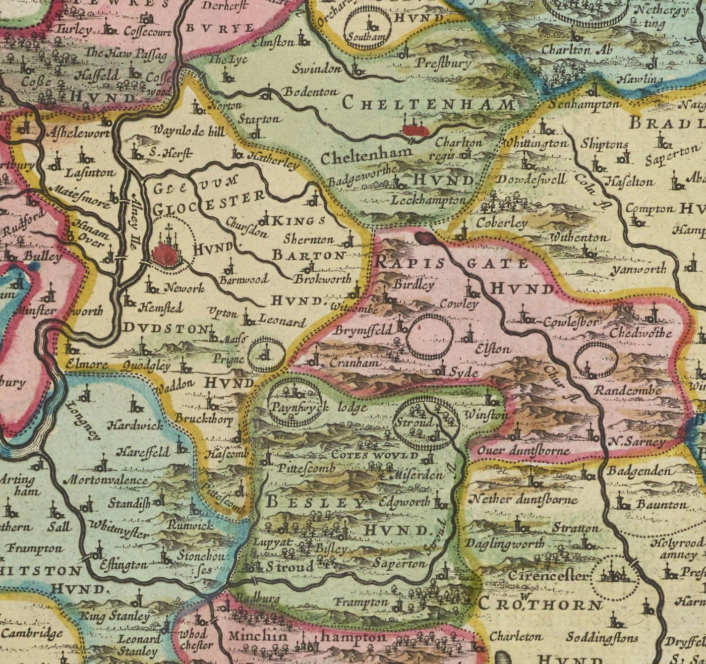 Ancienne carte du Gloucestershire en 1665 par Joan Blaeu - Bristol, Cheltenham, Gloucester, Kingswood, Filton, Stroud