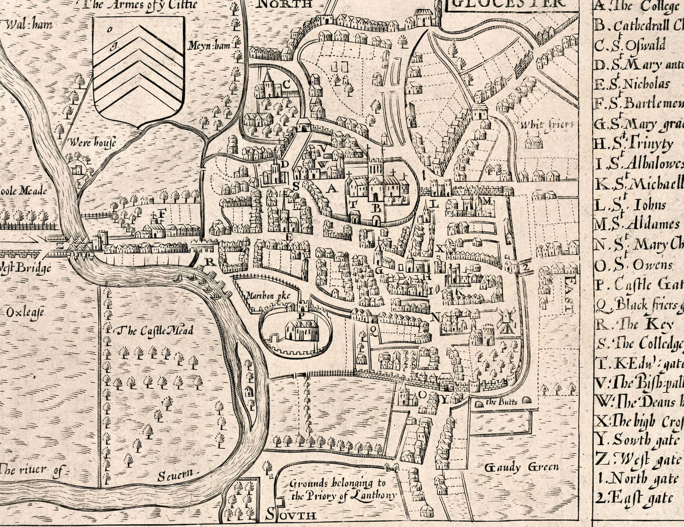 Alte Karte von Gloucestershire, 1611 von John Speed ​​- Bristol, Cheltenham, Gloucester, Kingswood, Filton, Süd