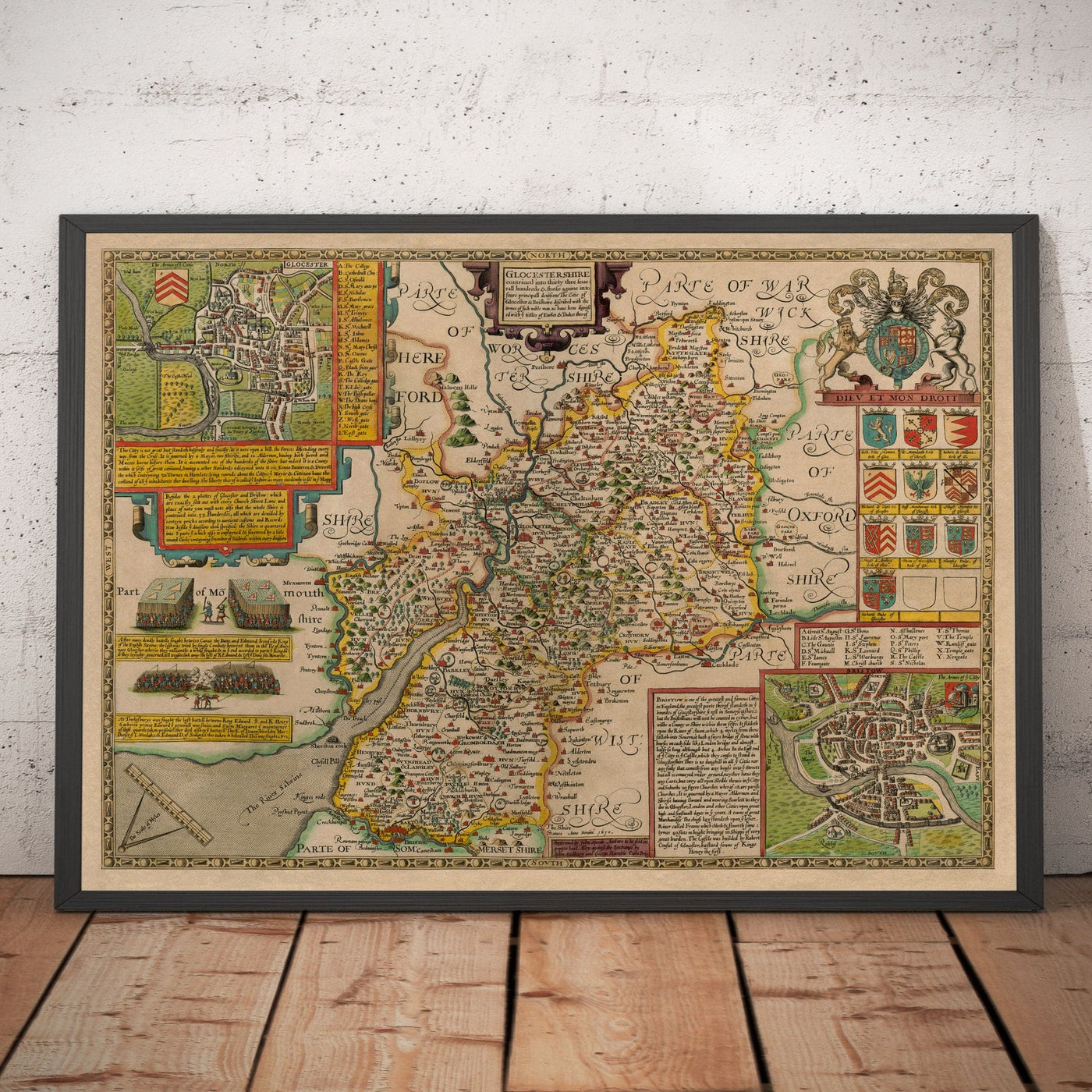 Viejo Mapa de Gloucestershire, 1611, John Speed ​​- Bristol, Cheltenham, Gloucester, Kingswood, Filton