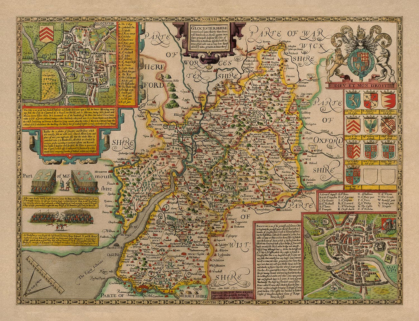 Viejo Mapa de Gloucestershire, 1611, John Speed ​​- Bristol, Cheltenham, Gloucester, Kingswood, Filton