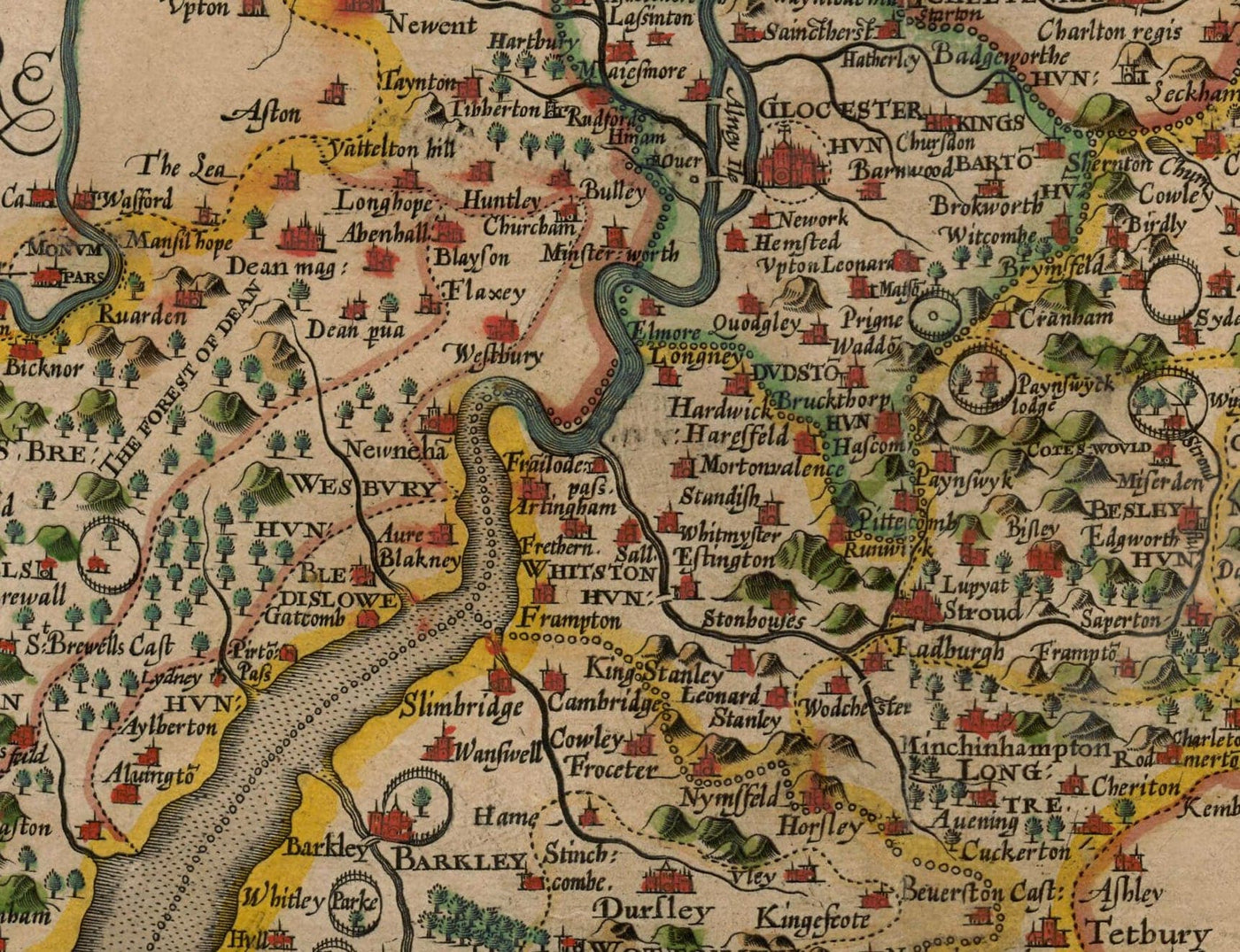 Alte Karte von Gloucestershire, 1611, John Speed ​​- Bristol, Cheltenham, Gloucester, Kingswood, Filton