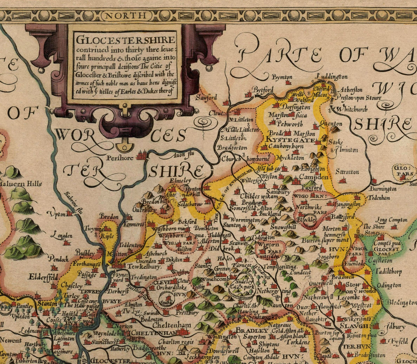 Ancienne carte de Gloucestershire, 1611, John Speed ​​- Bristol, Cheltenham, Gloucester, Kingswood, Filton