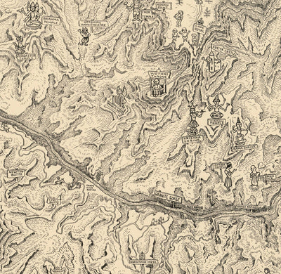 Ancienne carte illustrée du Grand Canyon en 1931 par Jo Mora - Arizona, fleuve Colorado, Horseshoe Bend, Amérindiens