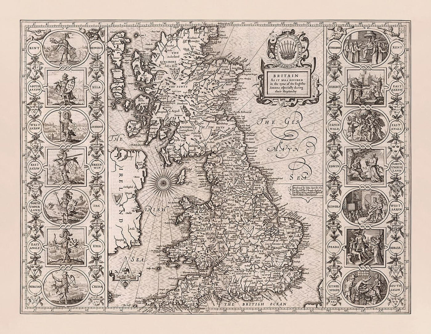 Old Viking Carte de l'Angleterre, du Pays de Galles et de l'Écosse en 1611 - Hepchy anglo-saxon Carte de la Grande-Bretagne