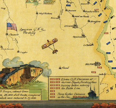 Ancienne carte de la Grande Guerre, WW1 - Angleterre, France, Allemagne, Belgique, Flandre Battle Lines