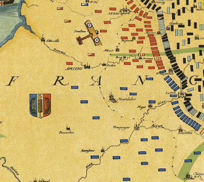 Mapa antiguo de la Gran Guerra, WW1 - Inglaterra, Francia, Alemania, Bélgica, Flandes Líneas de batalla