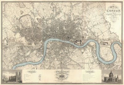 Grande carte ancienne de Londres par C&J Greenwood, 1830 - Monochrome avec une Tamise bleue unique