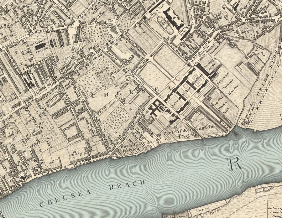 Grande Mappa Antica di Londra di C&J Greenwood, 1830 - Monocromatica con Unico Tamigi Blu 
