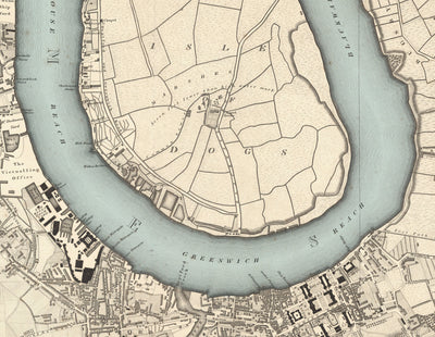 Gran mapa antiguo de Londres por C&J Greenwood, 1830 - Monocromo con el Támesis azul único