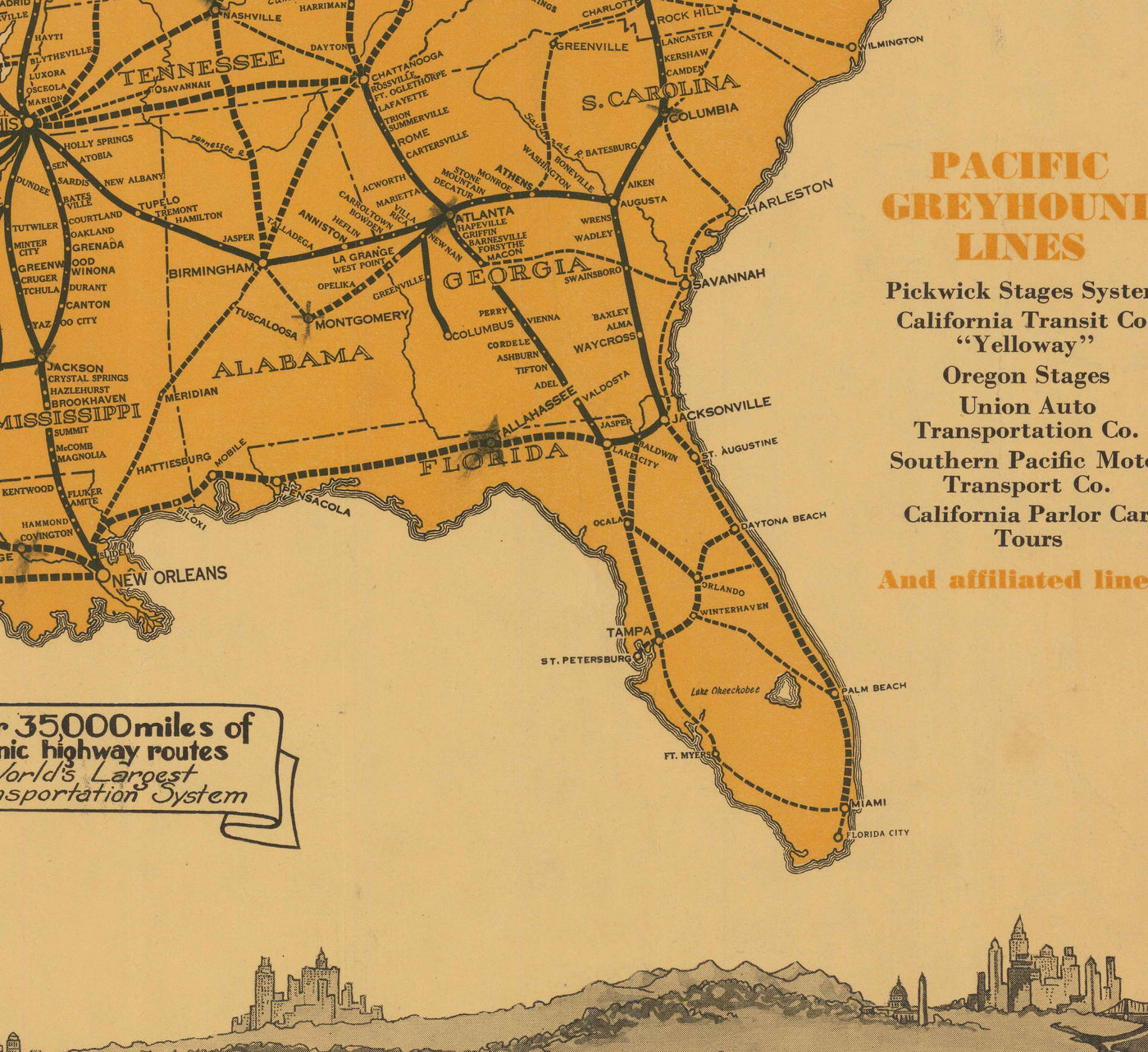 Antiguo mapa de Greyhound Lines, EE.UU., 1935 - Líneas de autobuses interurbanos del Pacífico y principales - ¡Más de 35.000 millas de carreteras escénicas!
