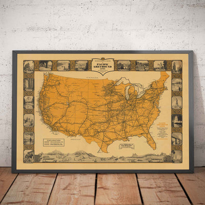 Old Greyhound Lines Map, USA, 1935 - Pacific & Main Intercity Bus Lines - Over 35,000 Miles Of Scenic Highways!