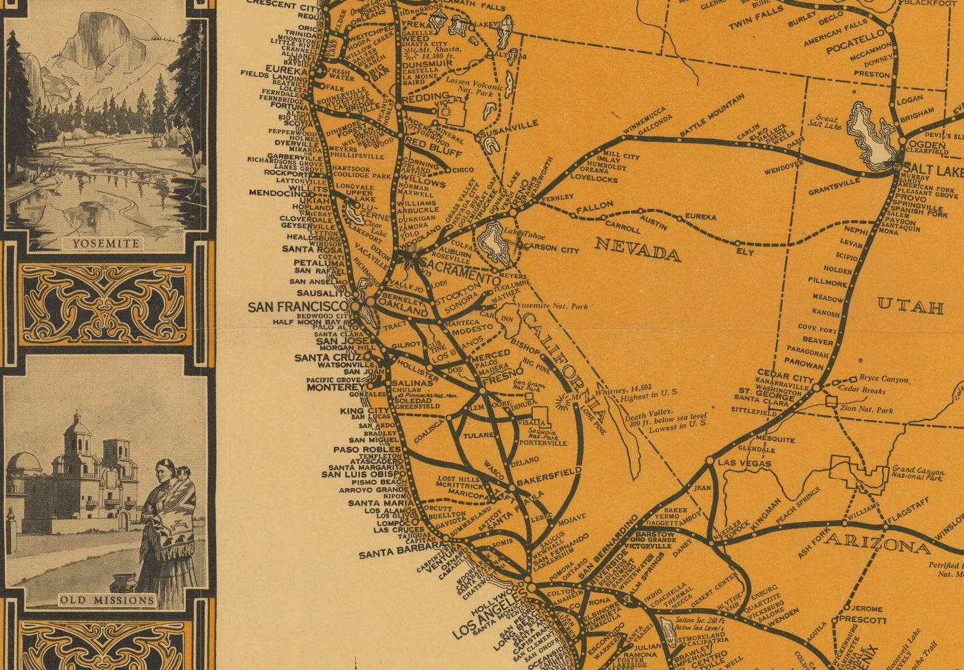Antiguo mapa de Greyhound Lines, EE.UU., 1935 - Líneas de autobuses interurbanos del Pacífico y principales - ¡Más de 35.000 millas de carreteras escénicas!