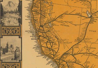 Ancienne carte des lignes Greyhound, États-Unis, 1935 - Lignes d'autobus interurbaines Pacific & Main - Plus de 35 000 milles d'autoroutes panoramiques !