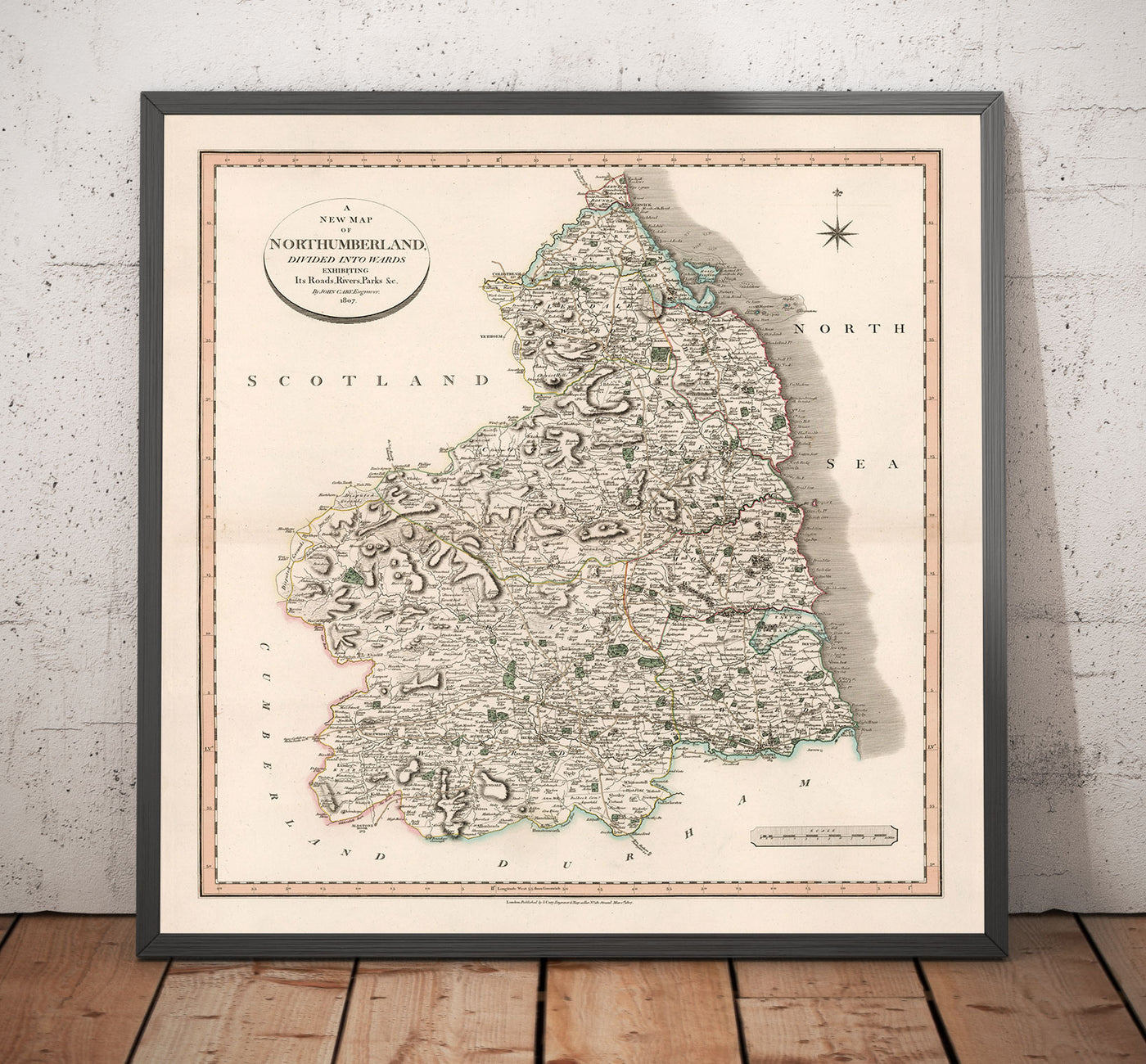 Antiguo mapa de Northumberland en 1801 por John Cary - Newcastle, Belford, Hexham, Haltwhistle, Durham