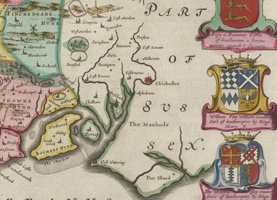 Ancienne Carte de Hampshire, 1665 par Joan Blaaeu - Winchester, Portsmouth, Southampton, Basingstoke, Farnborough, Havant