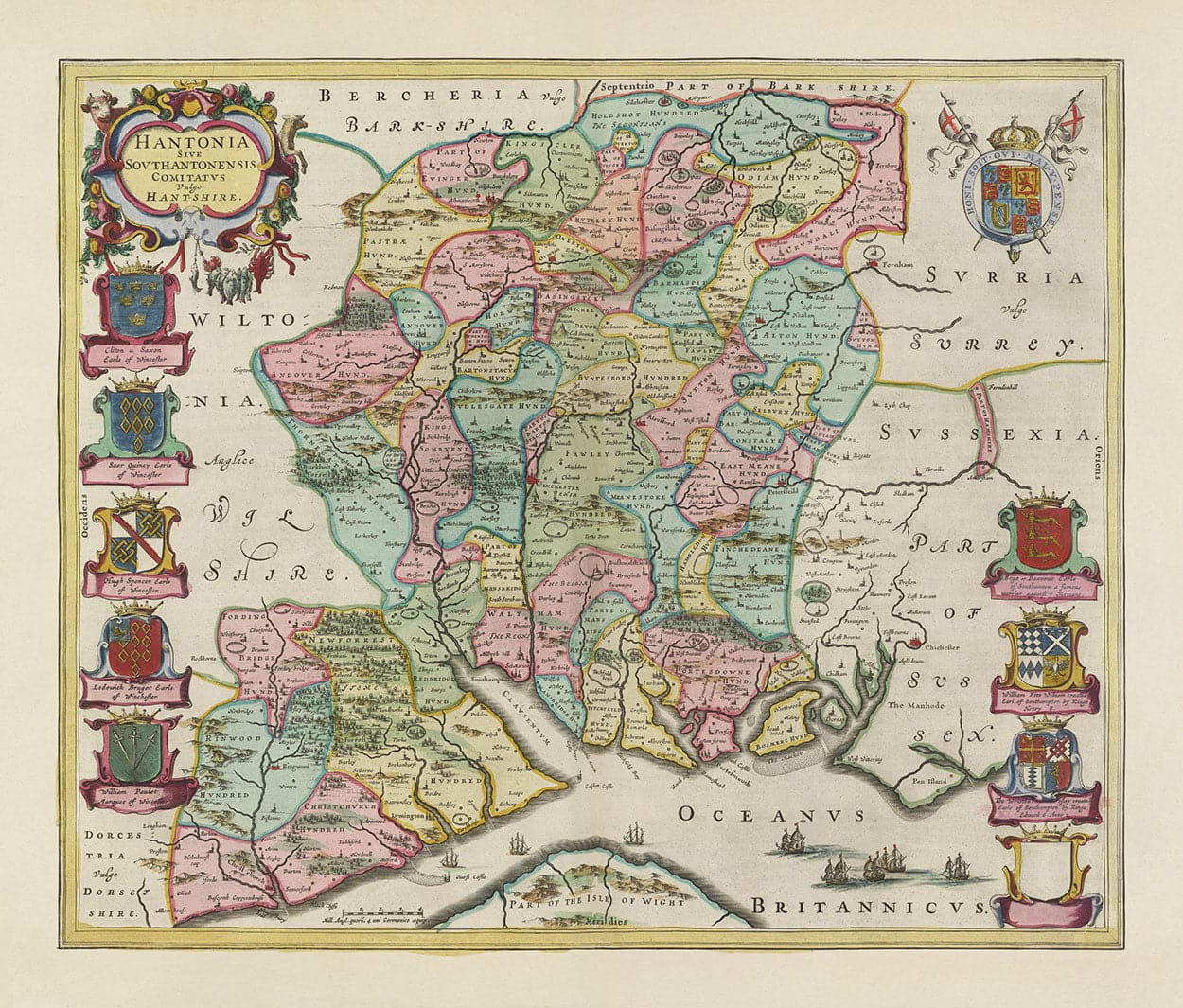 Ancienne Carte de Hampshire, 1665 par Joan Blaaeu - Winchester, Portsmouth, Southampton, Basingstoke, Farnborough, Havant