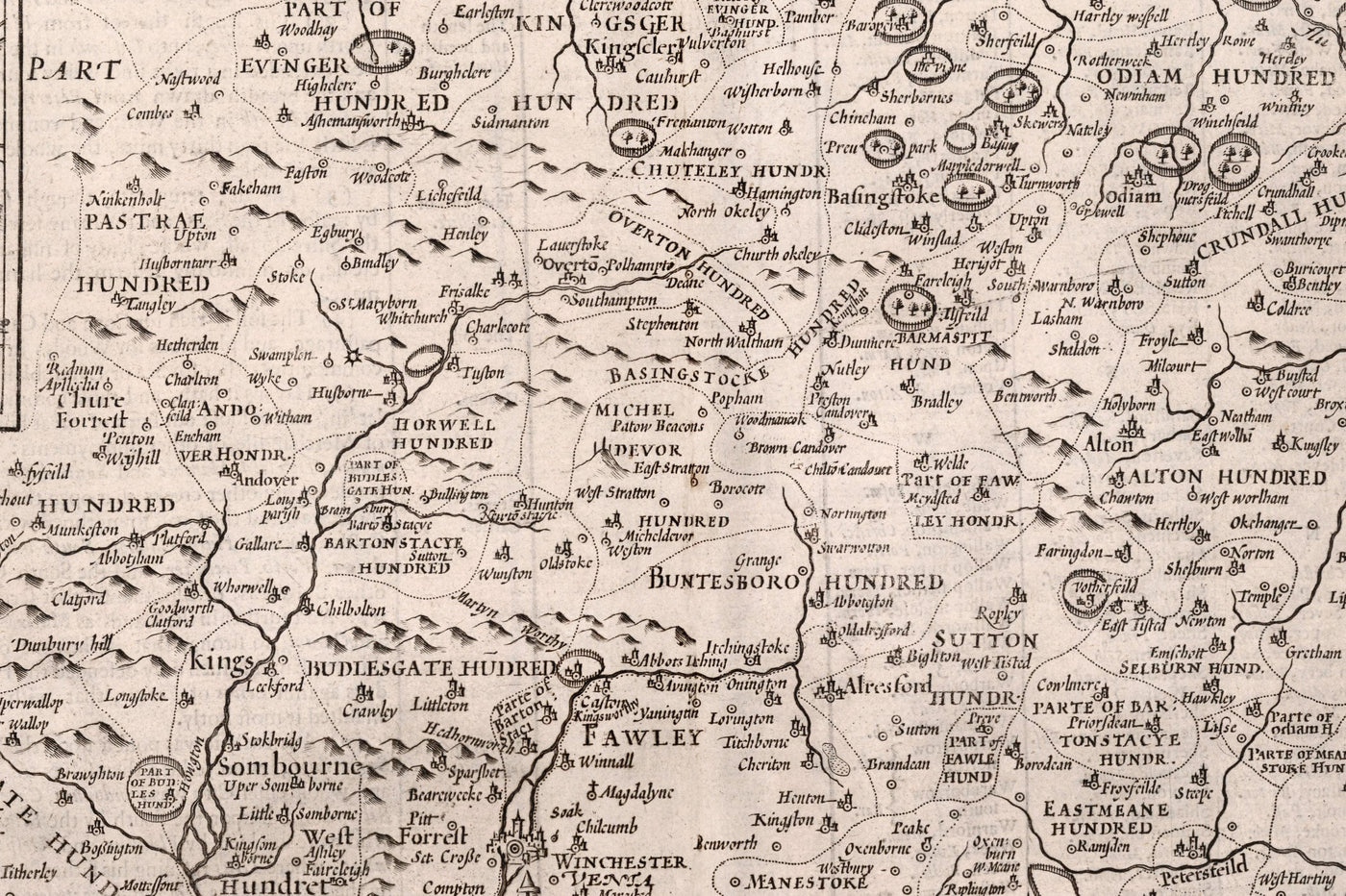 Old Map of Hampshire, 1611 by John Speed -  Winchester, Portsmouth, Southampton, Basingstoke