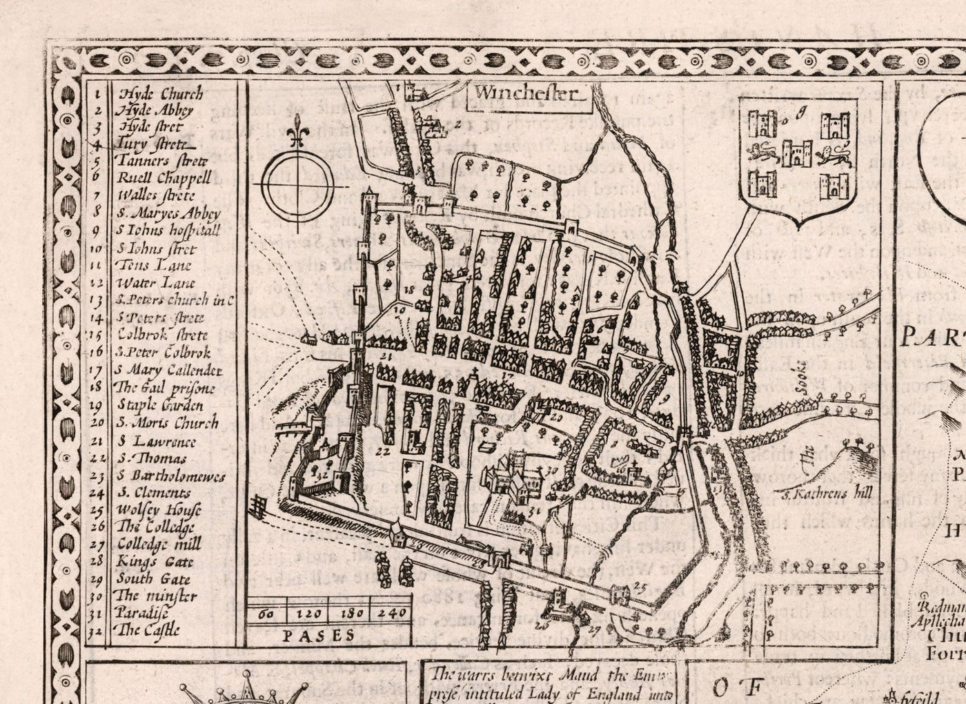 Ancienne carte de Hampshire, 1611 par John Speed ​​- Winchester, Portsmouth, Southampton, Basingstoke