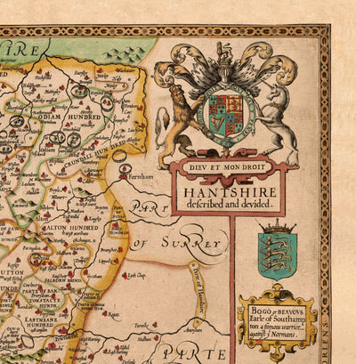 Mapa antiguo de Hampshire, 1611 de John Speed ​​- Winchester, Portsmouth, Southampton, Basingstoke