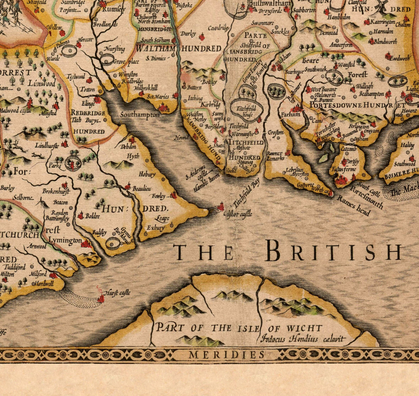 Alte Karte von Hampshire, 1611 von John Speed ​​- Winchester, Portsmouth, Southampton, Basingstoke