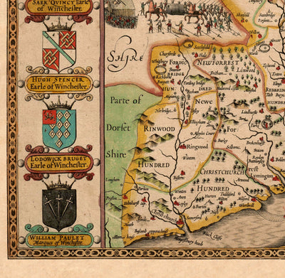 Ancienne carte de Hampshire, 1611 par John Speed ​​- Winchester, Portsmouth, Southampton, Basingstoke