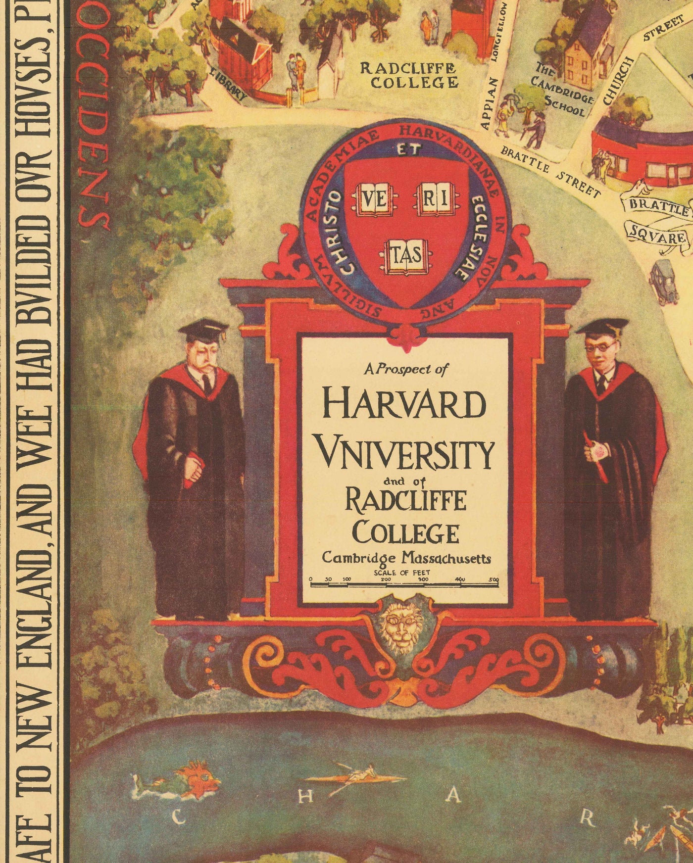 Alte Karte der Harvard University & Radcliffe, 1935 von Schruers - Campus, Wappen des Hauses, Charles River