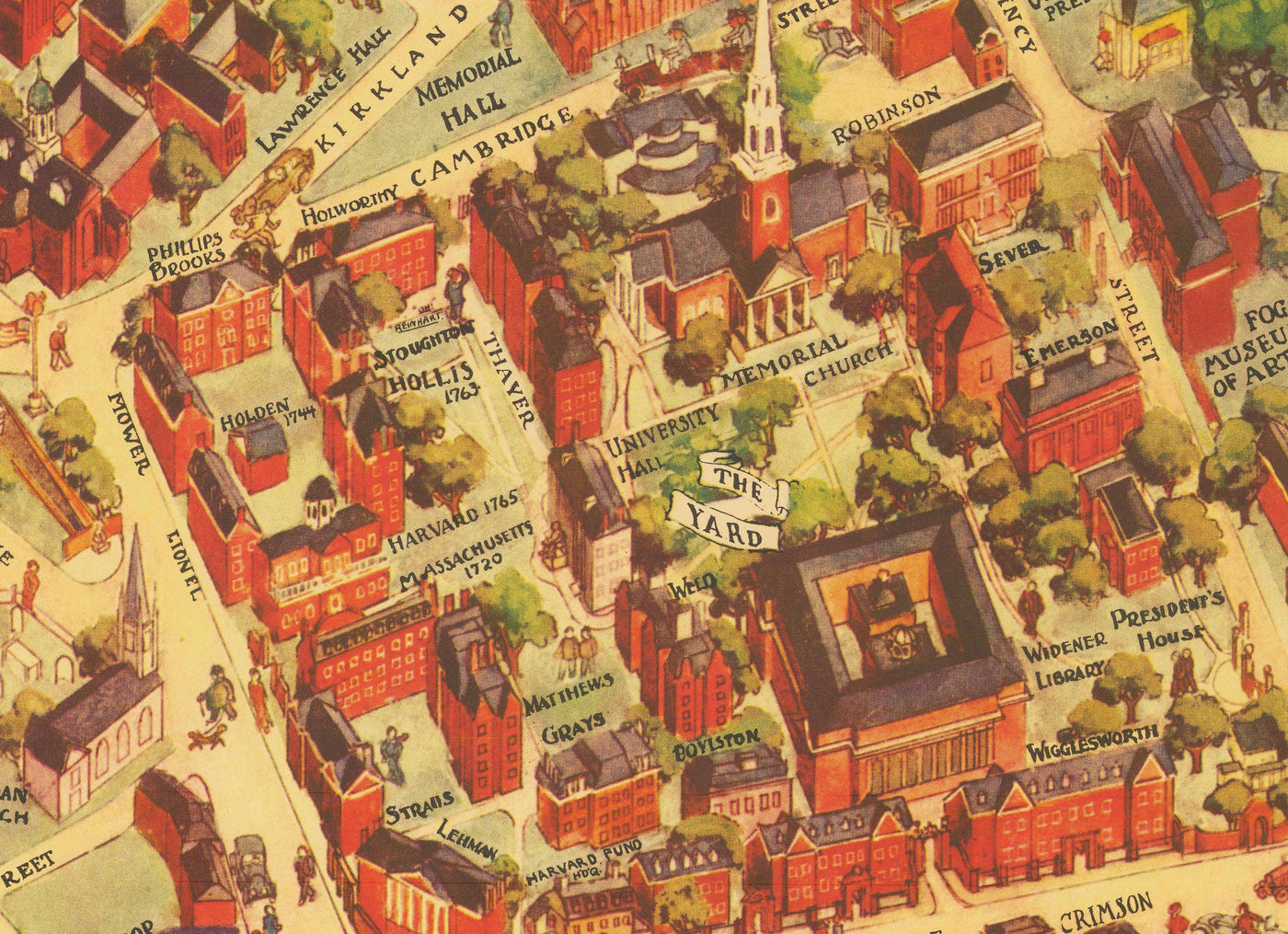 Antiguo mapa de la Universidad de Harvard y Radcliffe, 1935 por Schruers - Campus, escudo de la casa, río Charles