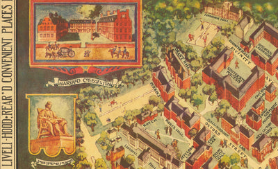 Antiguo mapa de la Universidad de Harvard y Radcliffe, 1935 por Schruers - Campus, escudo de la casa, río Charles
