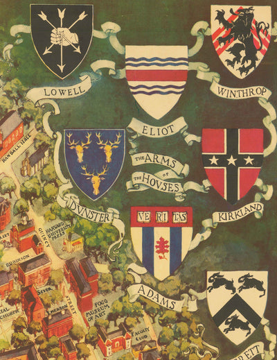 Alte Karte der Harvard University & Radcliffe, 1935 von Schruers - Campus, Wappen des Hauses, Charles River