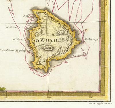 Antiguo mapa de Hawai en 1785 por Giovanni Cassini - Islas Sandwich, Maui, O'ahu, Honolulu, Océano Pacífico