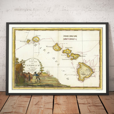 Alte Karte von Hawaii im Jahr 1785 von Giovanni Cassini - Sandwichinseln, Maui, O'ahu, Honolulu, Pazifischer Ozean