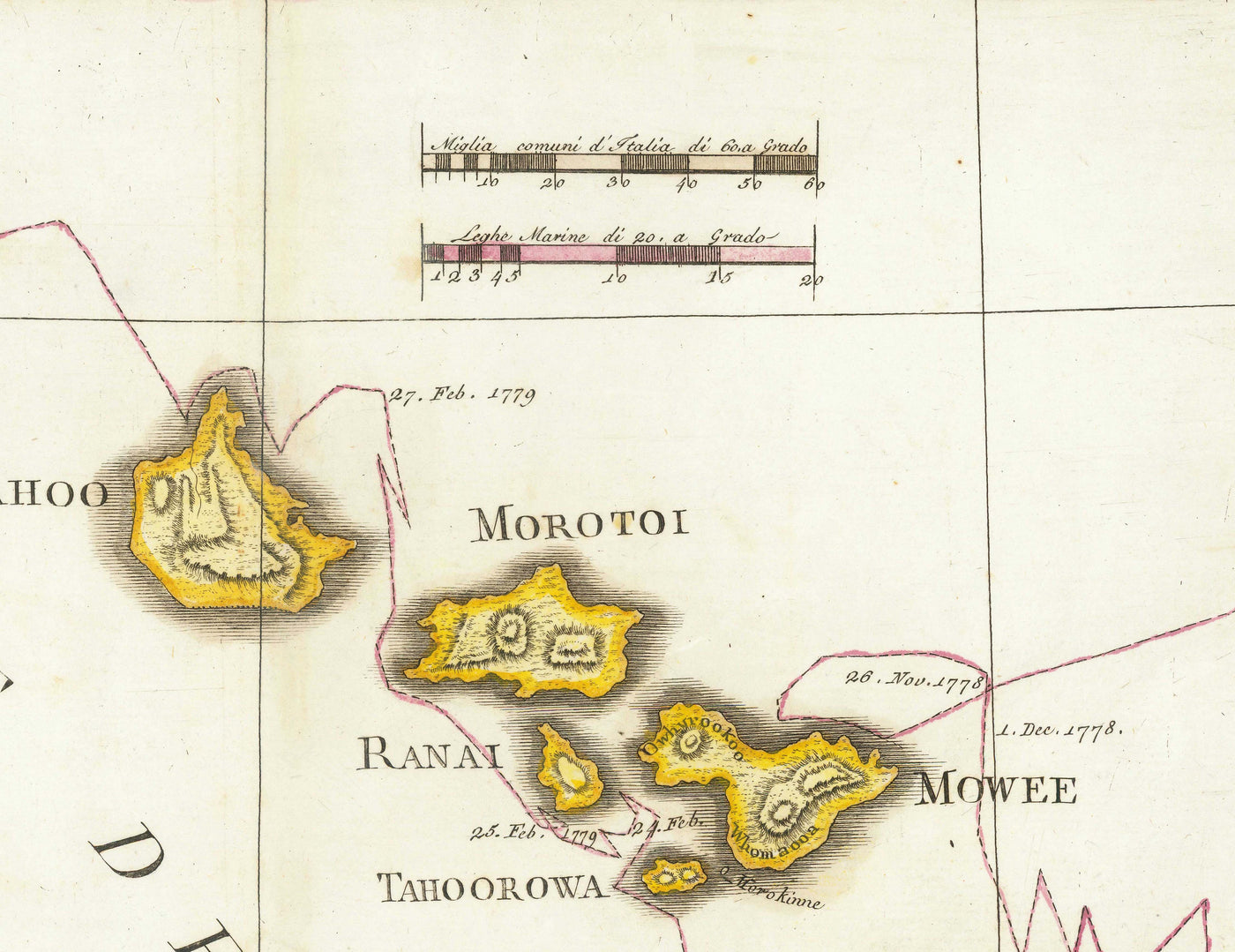 Antiguo mapa de Hawai en 1785 por Giovanni Cassini - Islas Sandwich, Maui, O'ahu, Honolulu, Océano Pacífico
