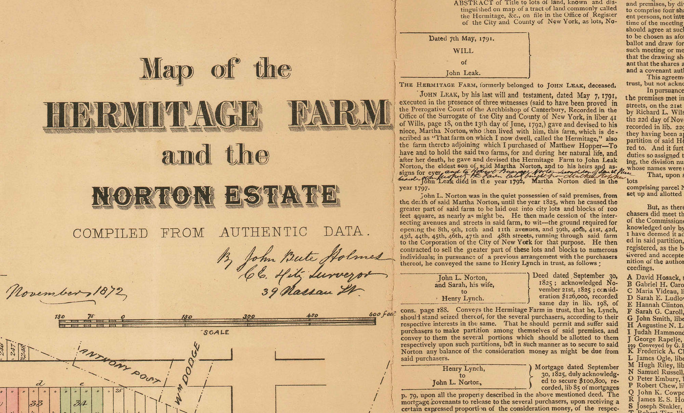 Alte Karte von Hell's Kitchen & Midtown West, NYC 1872 - Clinton, Manhattan Streets, Heritage Farm, 39th to 48th St